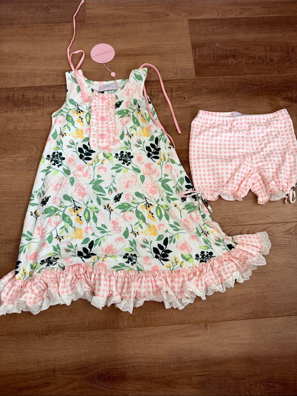 Girls' Pink Floral Ruffle Sweet Honey Pajama Set with Gingham Bloomers